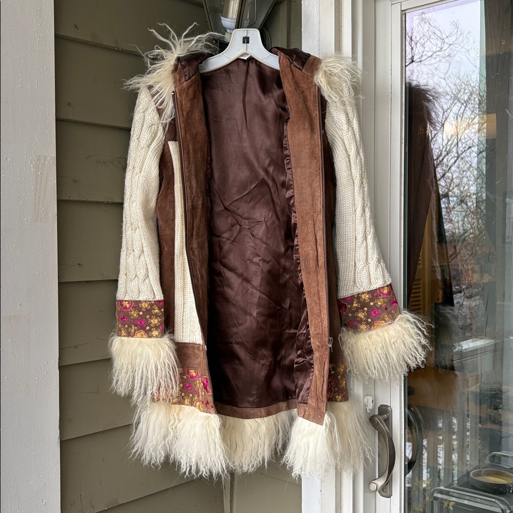 RARE Brown and Cream Penny lane style leather and sweater embroidered jacket. S. - Picture 4 of 11